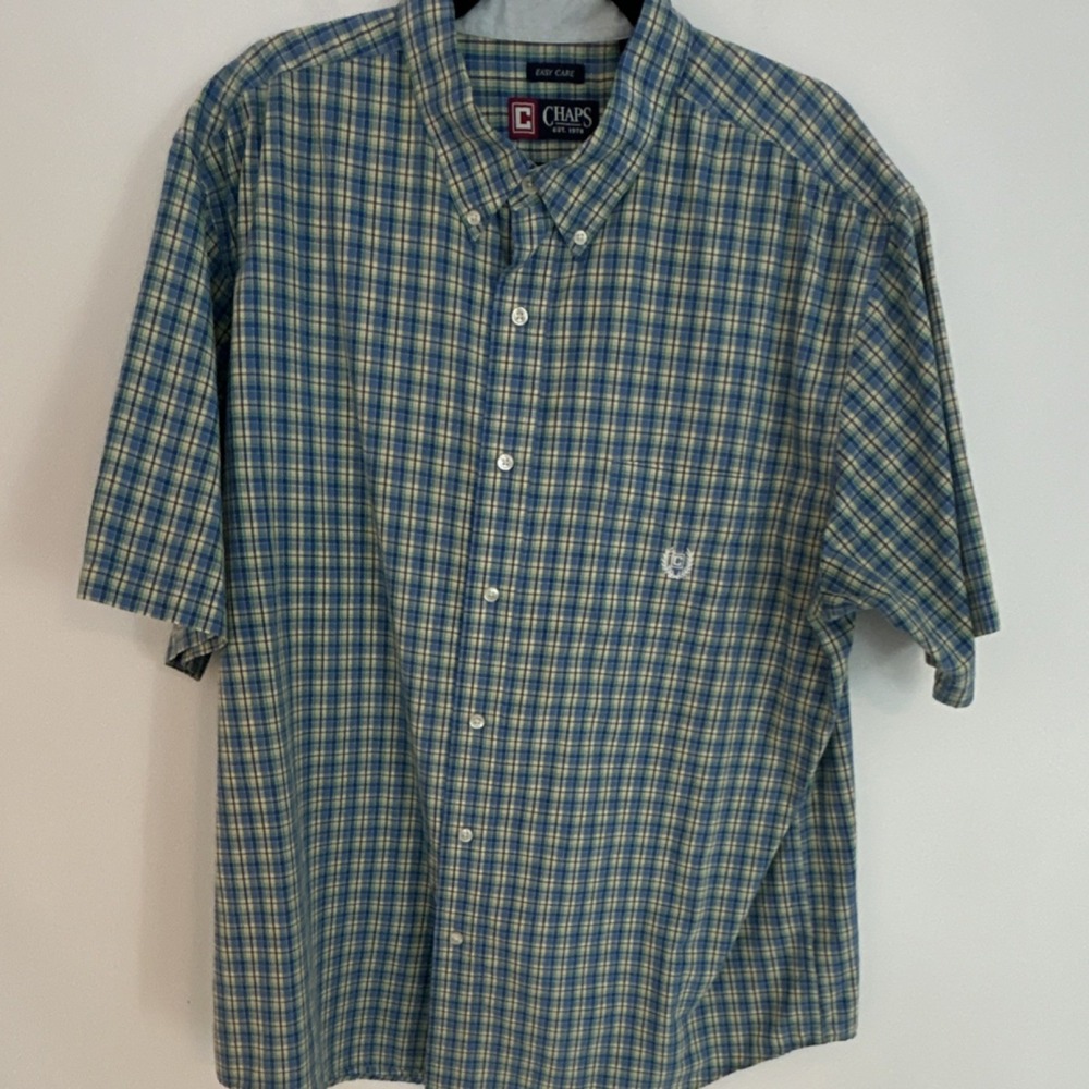 Chaps Men's Blue Green Yellow Plaid Cotton Blend Button-Down Shirt XXL Easy Care